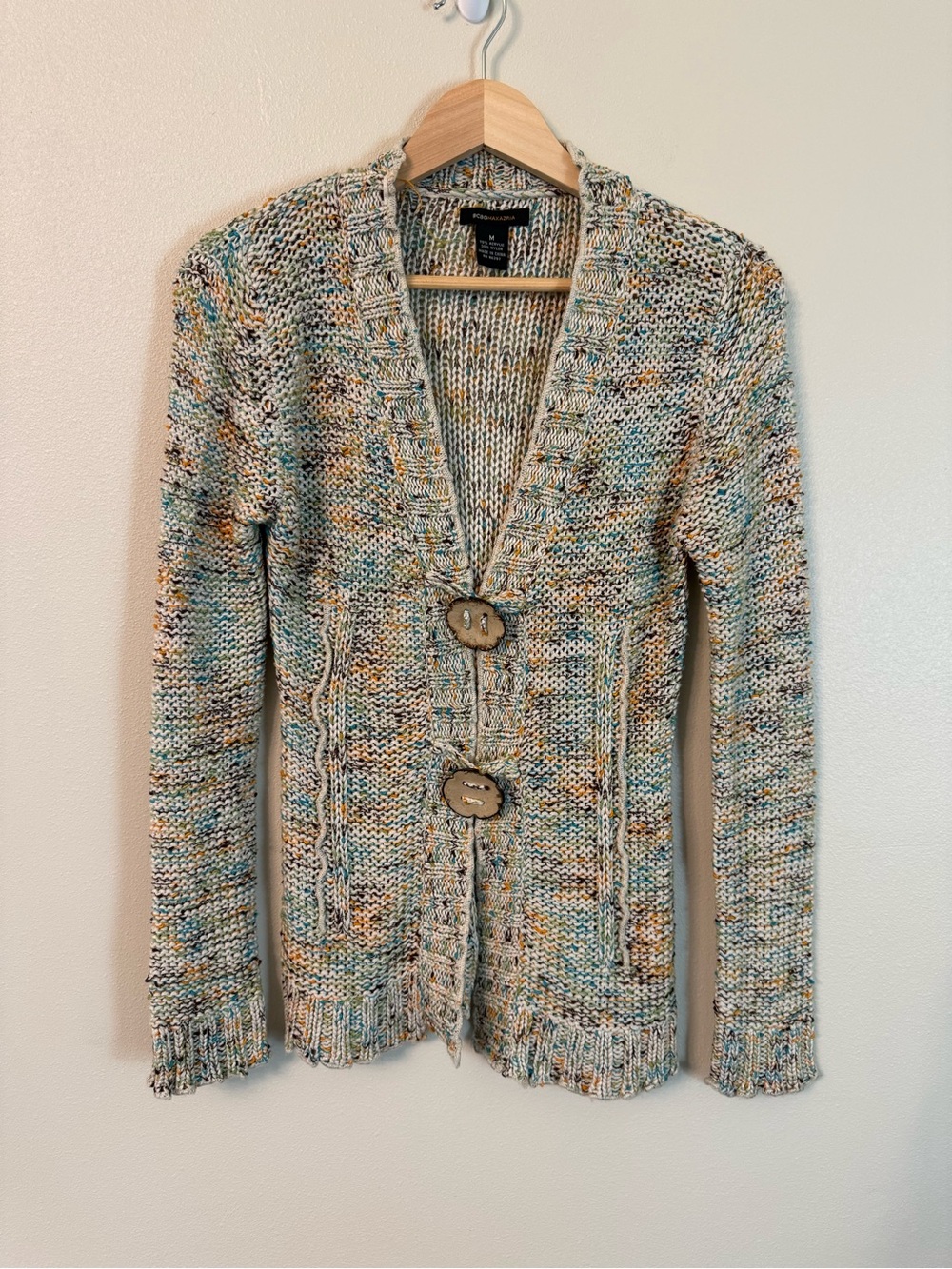 BCBG Max Azria Confetti Knit Cardigan Medium Y2K Fairy Core Wood Flower Buttons